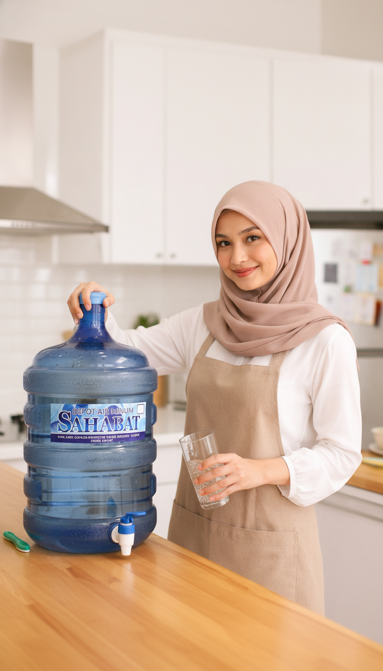 Kesegaran pagi di dapur dengan air minum bersih